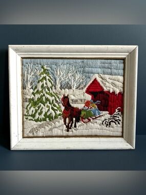 Vintage Crewel Embroidery Snowy Winter Sleigh Horse Scene Framed Wall Art